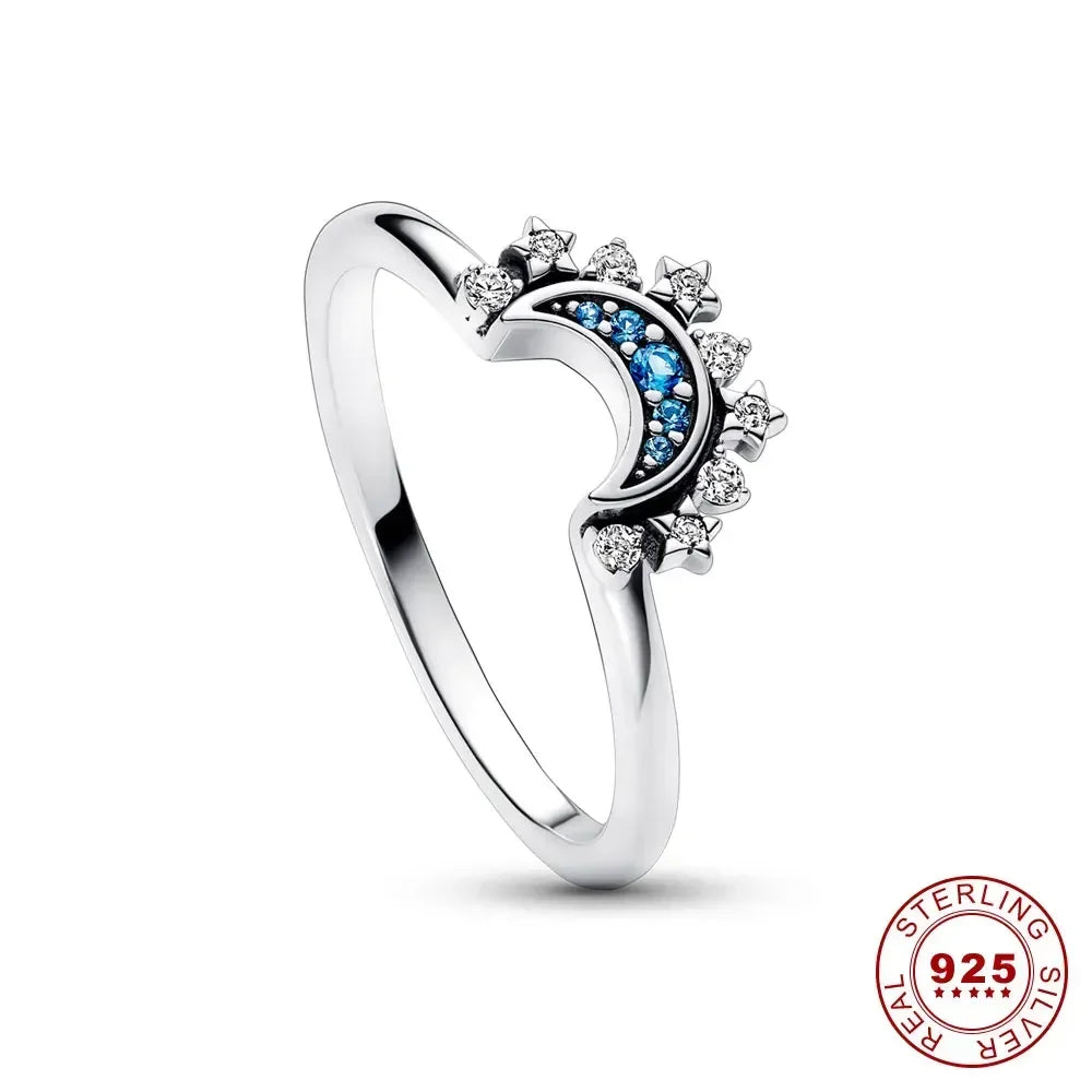 Summer Celestial Blue Sparkling Moon Sun Ring For Women Cocktail Stackable Finger Band Fashion Silver 925 Fine Jewellry Crystal Summer Celestial Blue Sparkling Moon Sun Ring For Women Cocktail Stackable Finger Band Fashion Silver 925 Fine Jewellry Crystal